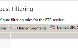 Screenshot of the F T P Request Filtering pane. the Denied U R L Sequences tab is selected.