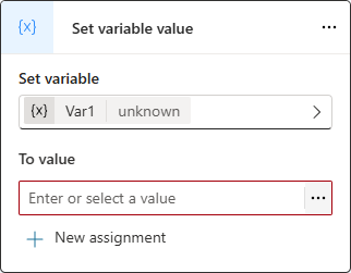 Screenshot of a 'Set variable value' node with a new variable of unknown type.