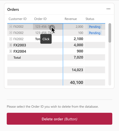 Screenshot that shows the same report example with a table and a data function button. The table has a row selected and the button is enabled.