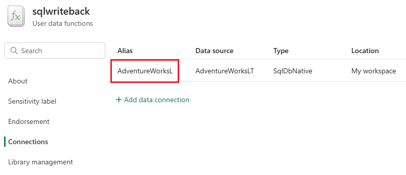 Screenshot that shows where to find the autogenerated alias for the data connection.