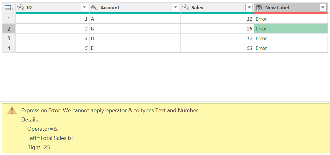 Screenshot of the expression error in the error pane caused by trying to apply an And operator to text and a number from the Sales column.