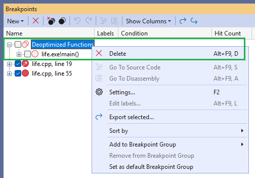 A screenshot that shows the Breakpoints window.