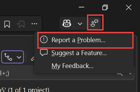 Screenshot showing the feedback icon selected in the upper right corner of the Visual Studio window and Report a Problem selected on the context menu.