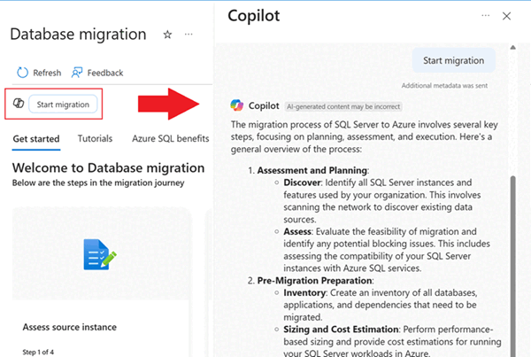 Screenshot that shows the Copilot Start migration icon on the Database migration pane in the Azure portal.