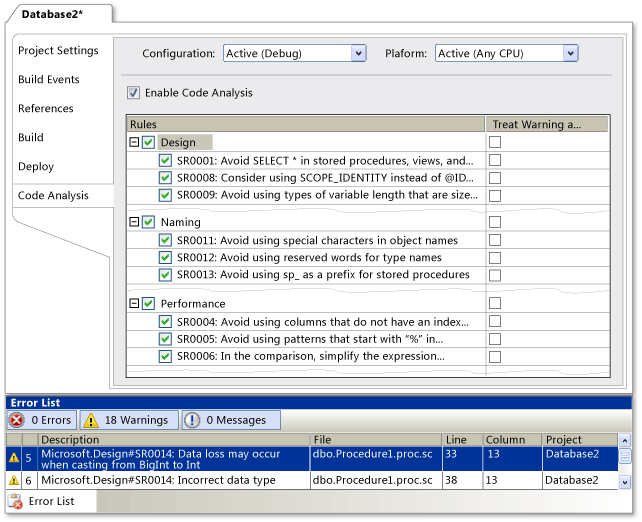 Screenshot of SQL Server Data Tools project settings for code analysis rules.
