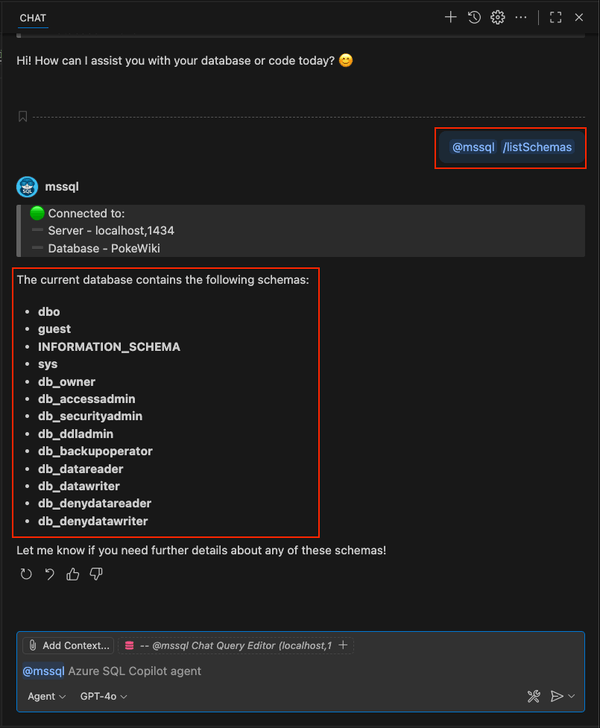 Screenshot of using the /listSchemas slash command in GitHub Copilot chat.