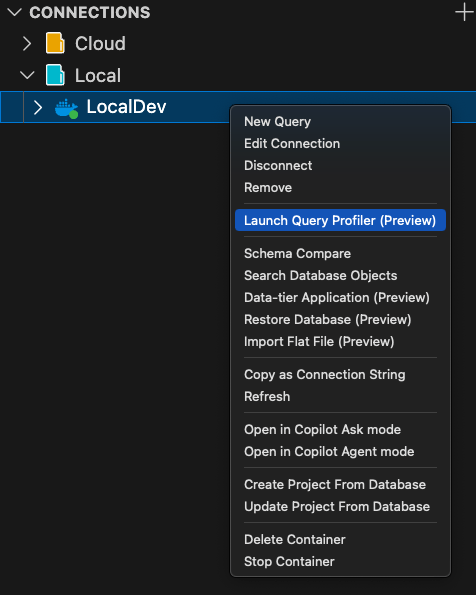Screenshot of the Launch Query Profiler option in the Connections context menu.