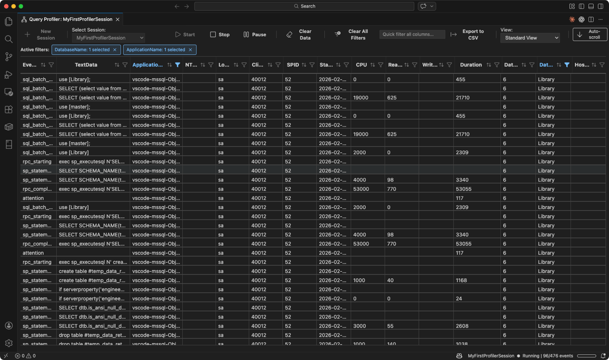 Screenshot of active filter chips showing DatabaseName and ApplicationName filters applied.