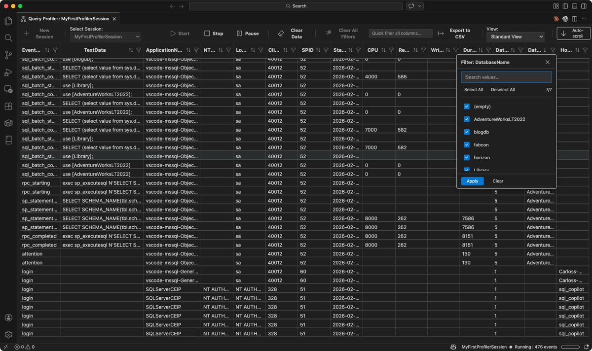 Screenshot of the DatabaseName column filter showing a checkbox list of available databases.