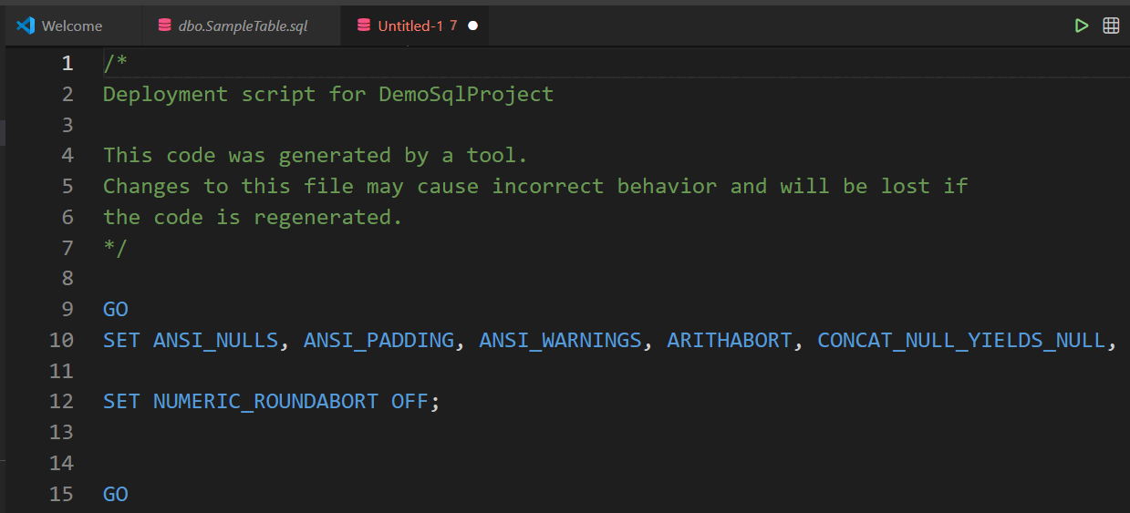 Screenshot of generated deployment script opened for review in the editor.