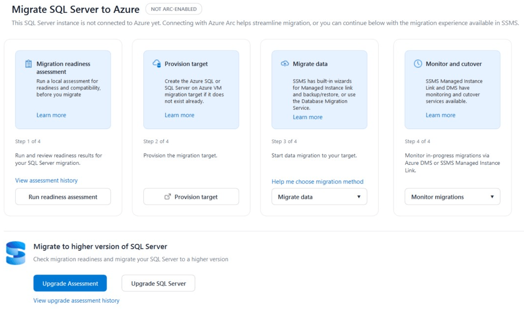 Screenshot of Migration tab showing migration options for standalone SQL Server instances.