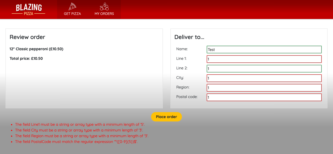 Screenshot of the error messages for each field.