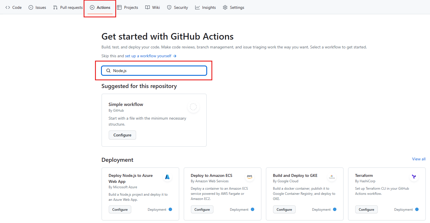 Screenshot that shows the GitHub Actions tab with the search box highlighted and with the text Node.js.