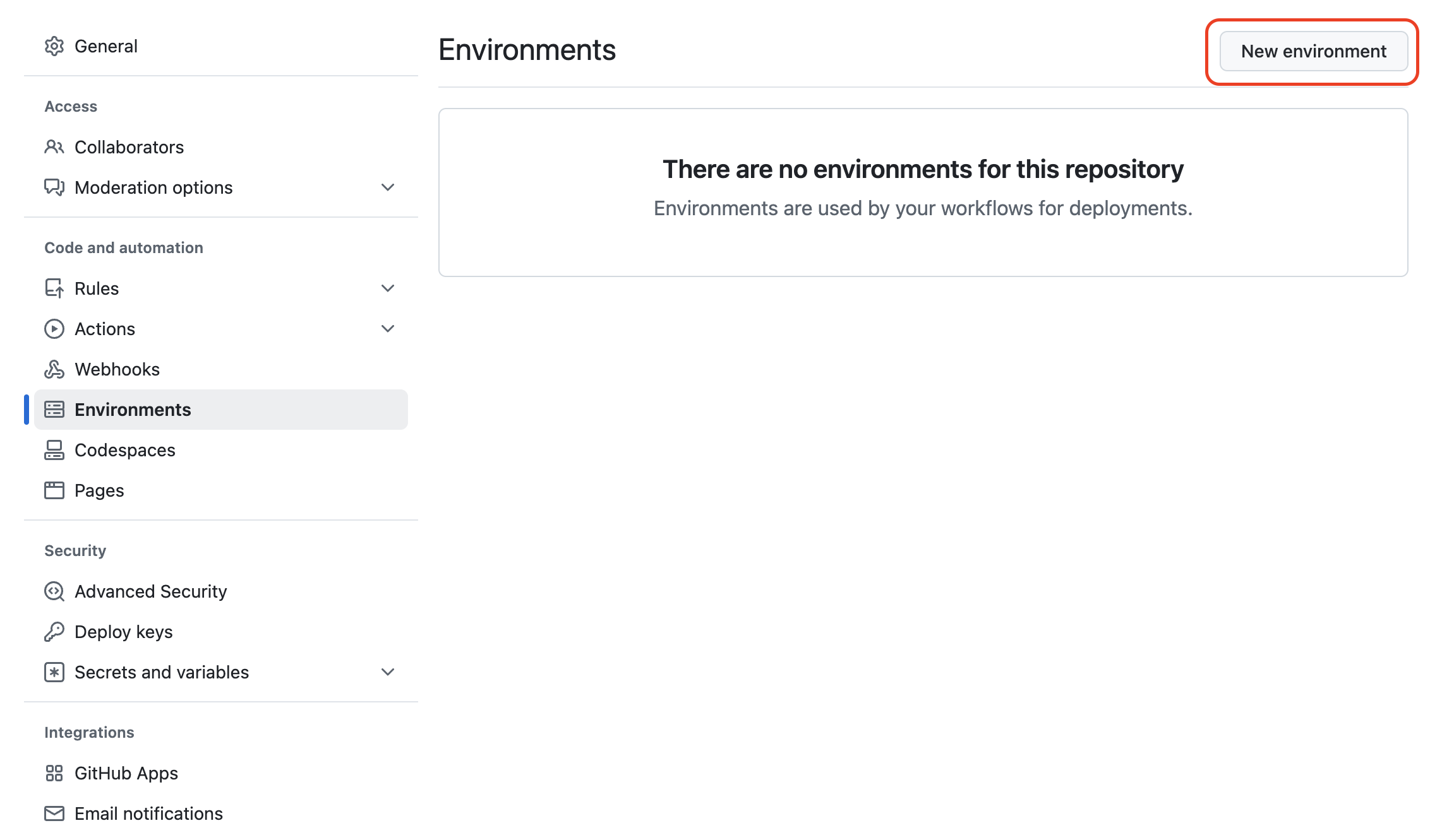 Screenshot of the GitHub repository Settings page showing the Environments section with a message indicating no environments exist and a New environment button highlighted.