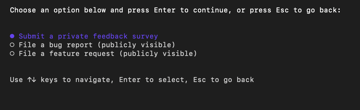 Screenshot of using the /feedack slash command in Copilot CLI interactive mode.