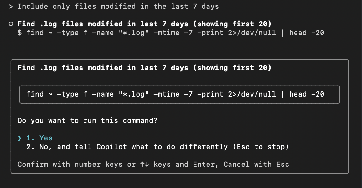 Screenshot of Copilot CLI improving a suggestion based on the follow-up prompt.