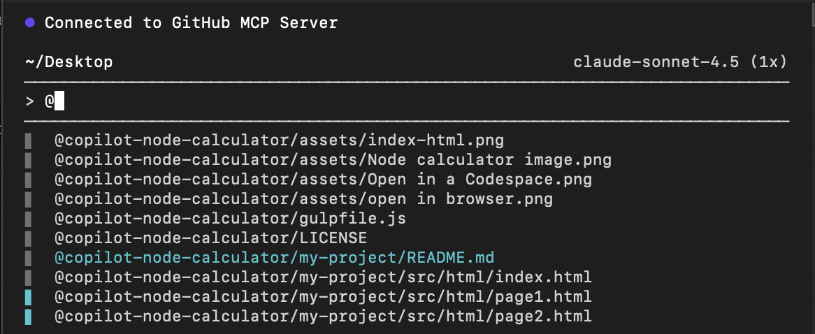 Screenshot of selecting a file in copilot interactive mode.
