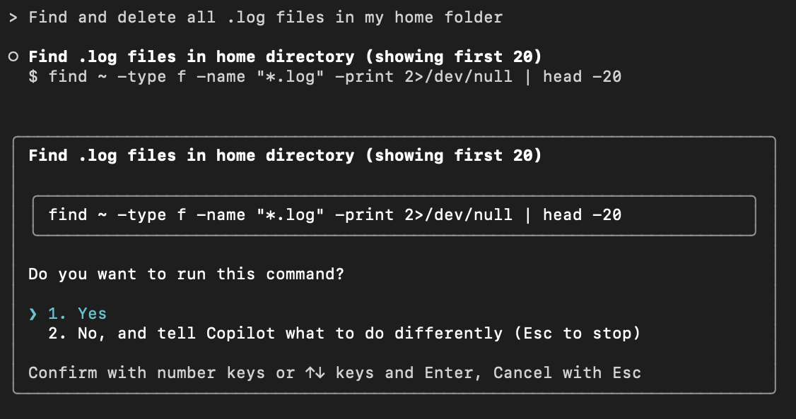 Screenshot of Copilot CLI suggesting a command in interactive mode.