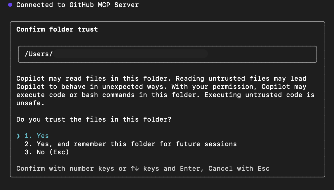 Screenshot of Copilot interactive specify directory.