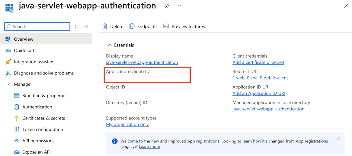 Screenshot highlighting the App ID of an app registered with Microsoft Entra ID on Azure portal.