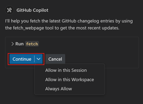 Screenshot of the agent mode asking for confirmation.