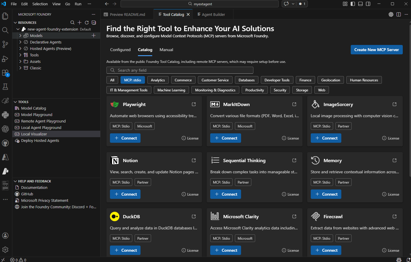 Screenshot of the tool catalog interface in the Microsoft Foundry VS Code extension.