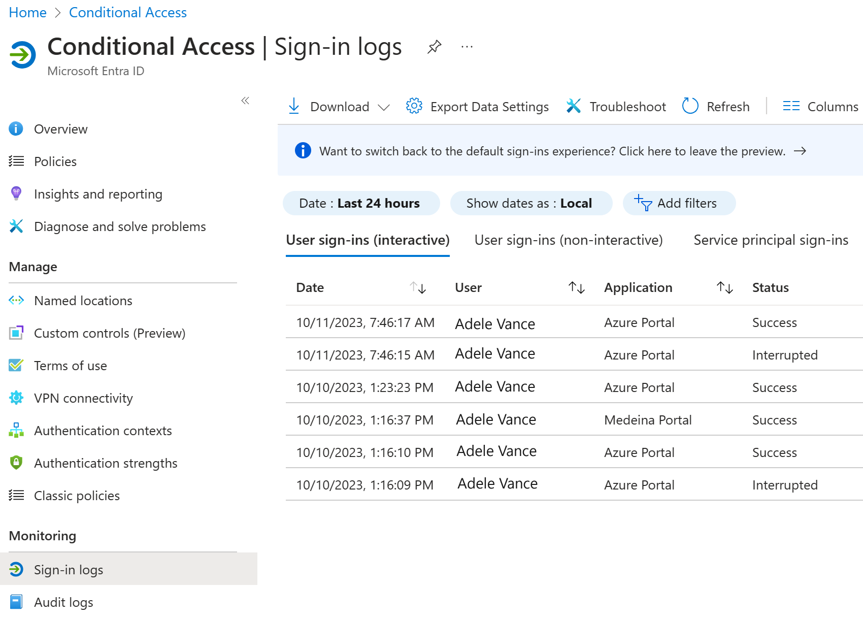 Screenshot of the error message screen. User is selecting the Conditional access filter in the sign-ins log.