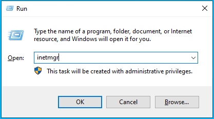 Screenshot of typing inetmgr in the Run window.