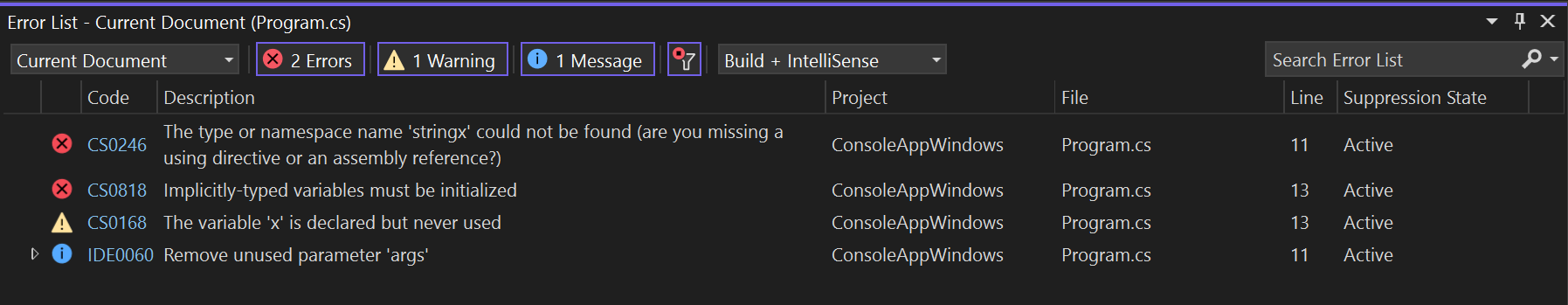 Screenshot that shows analyzer violations in the Error List window.