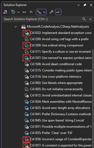 Screenshot that shows severity icons for analyzer diagnostics in Solution Explorer.