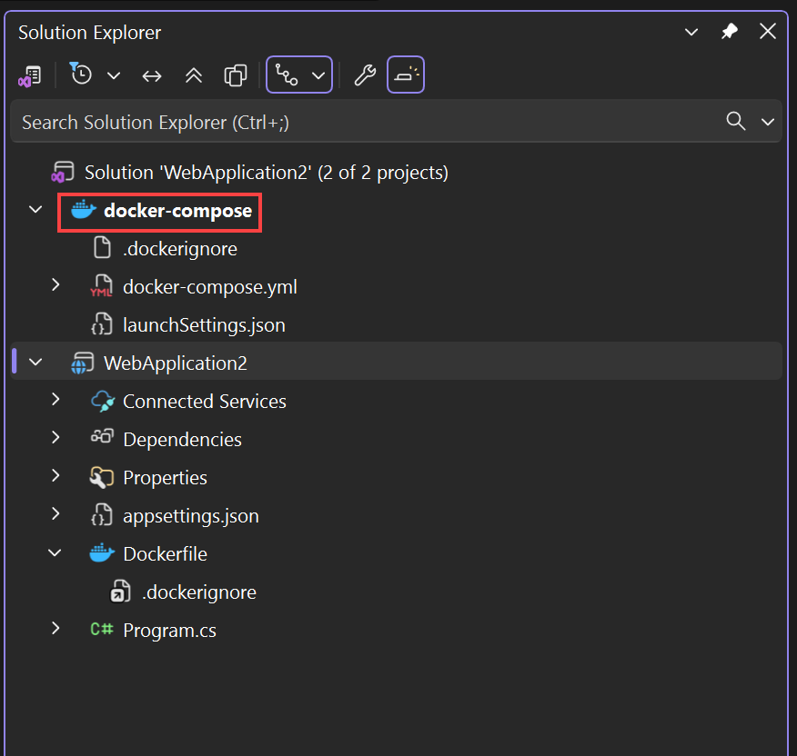 Screenshot that shows Docker files in Solution Explorer.