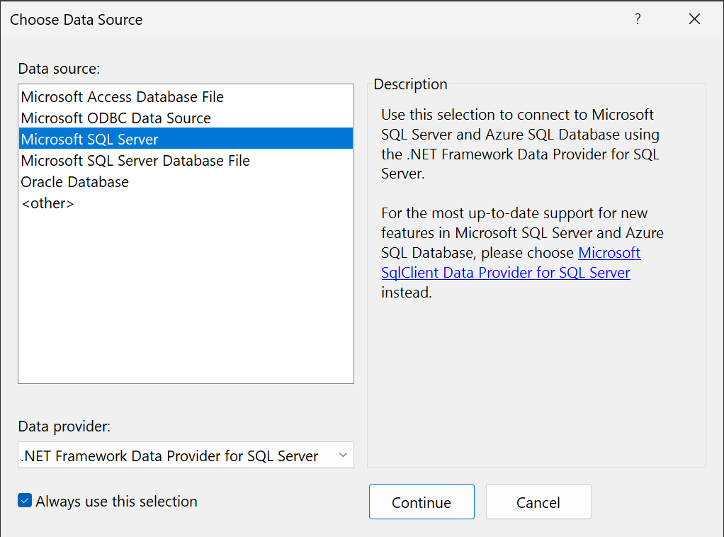 Screenshot that shows the Choose Data Source dialog.