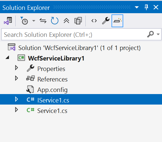 Screenshot that shows the IService1 file in Solution Explorer.