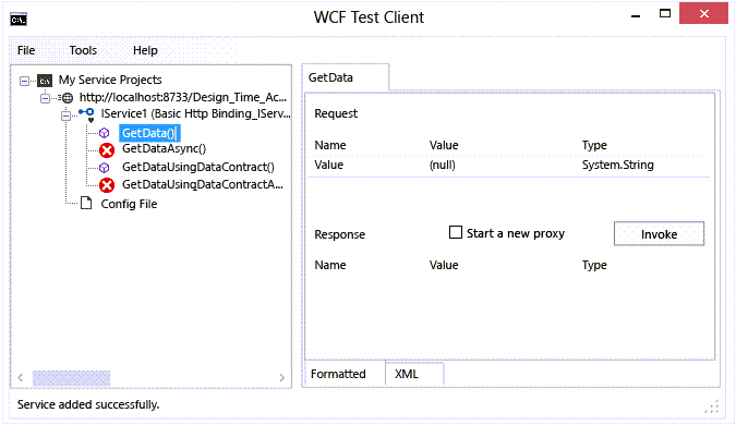 Screenshot that shows the GetData method in the WCF Test Client form.