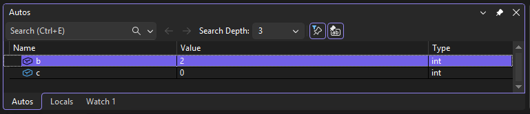 Screenshot of the Autos window, with the value of c set to 0.