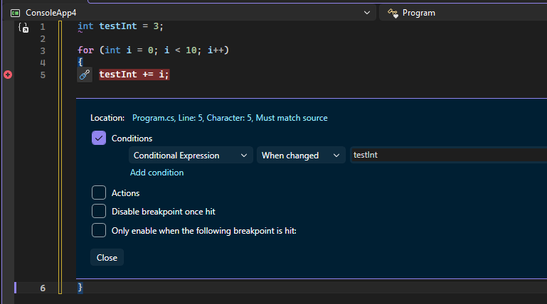 Screenshot that shows a When changed breakpoint.