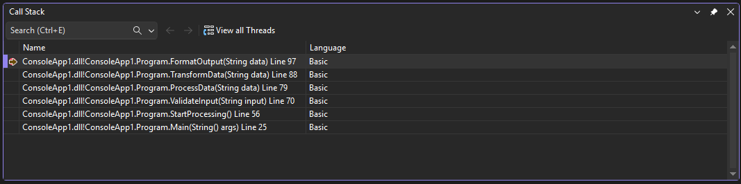 Screenshot showing the Call Stack Window.