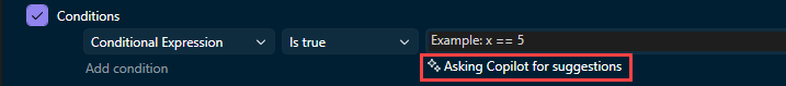 Screenshot of Copilot working on conditional breakpoint suggestions.
