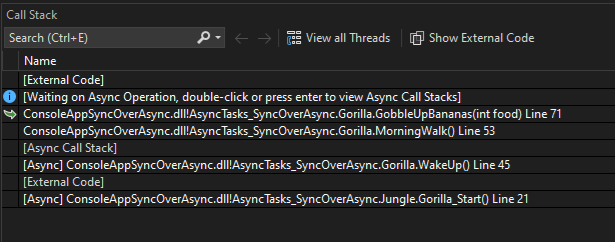 Screenshot of Call Stack after selecting Break All.