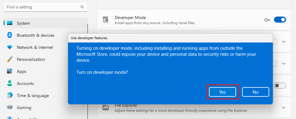 Screenshot showing the Settings dialog with the option for enabling Developer Mode.