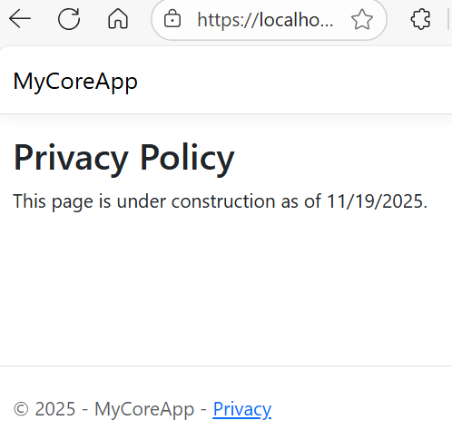 Screenshot showing the Privacy page of the MyCoreApp that includes the changes made to add the date.