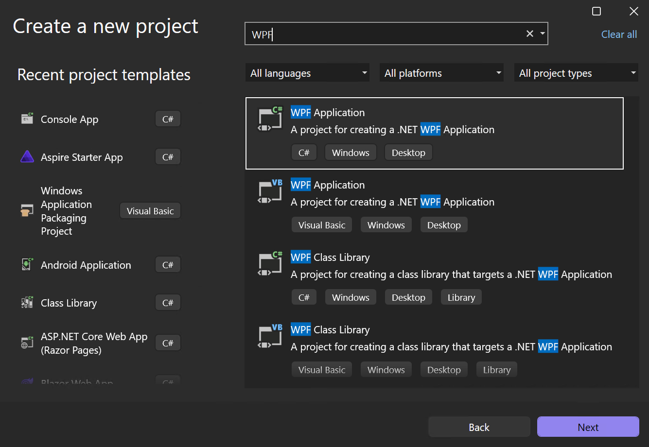Screenshot of the 'Create a new project' dialog with 'WPF' in the search box, and the 'WPF Application' template highlighted.