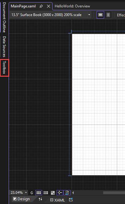 Screenshot showing the tab for the 'Toolbox' fly-out window highlighted on the left side of the XAML Designer Pane.
