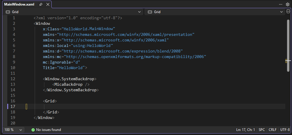 Screenshot showing MainWindow.xaml open in the Visual Studio IDE. The XAML Editor pane shows the XAML markup for the window.