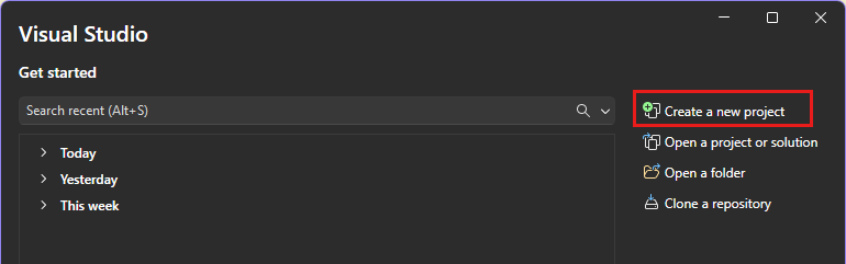 Screenshot that shows the Create a new project option in the Visual Studio start window.