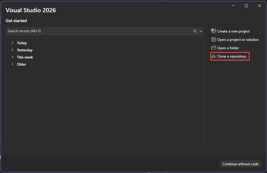 Screenshot of the Clone a Repository dialog in Visual Studio.