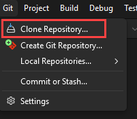 Screenshot of the Git menu in Visual Studio with Clone Repository selected.