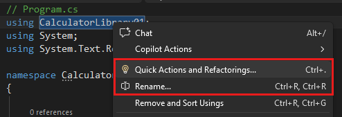 Screenshot that shows Refactoring in Visual Studio.