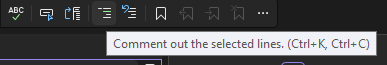 Screenshot of the Comment out button in the Text Editor toolbar in Visual Studio.