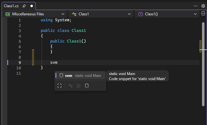 Screenshot of an IntelliSense pop-up for a code snippet in Visual Studio.